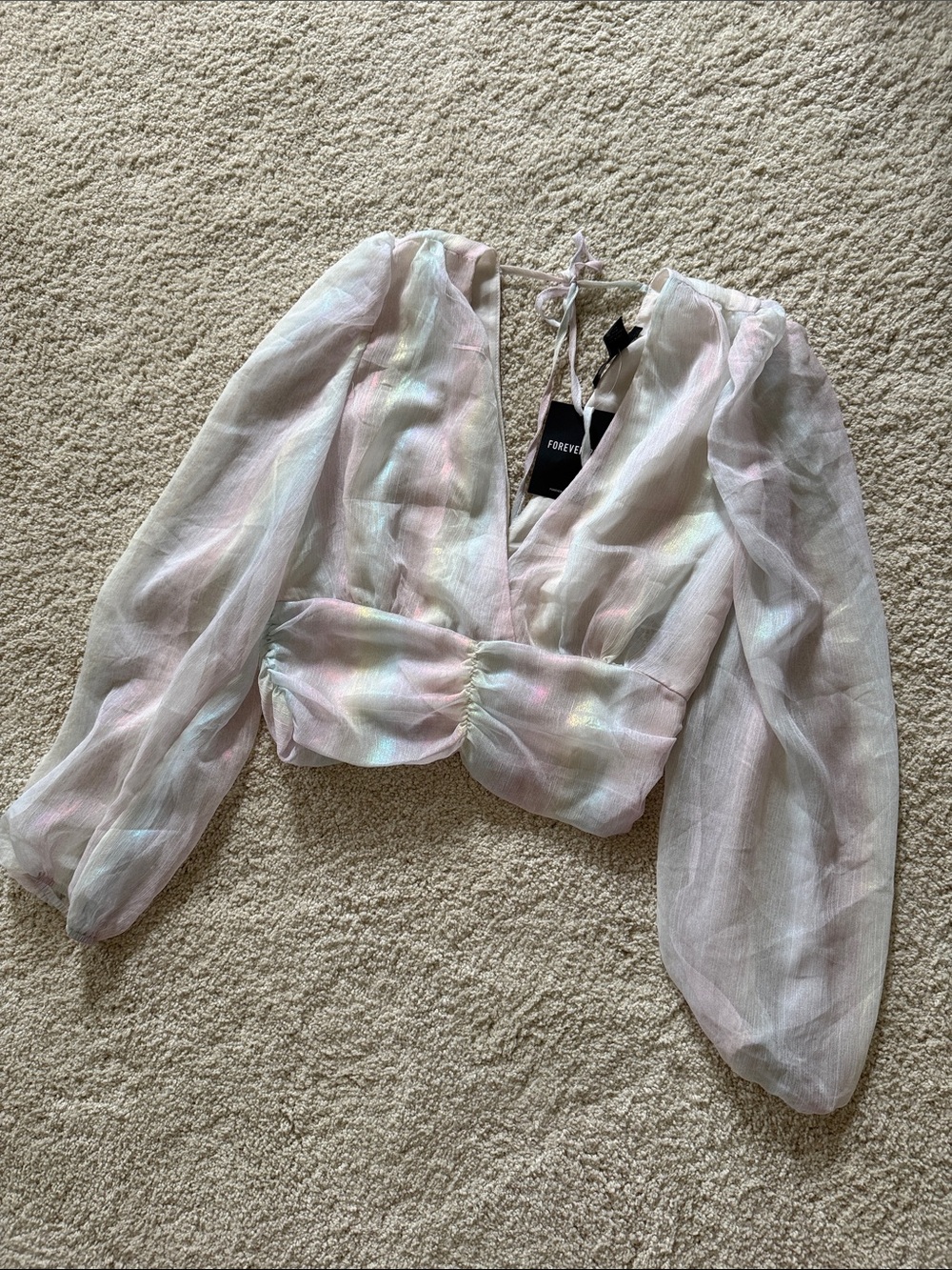 NWT Forever 21 Sheer Iridescent Puff Sleeve Cropped Blouse